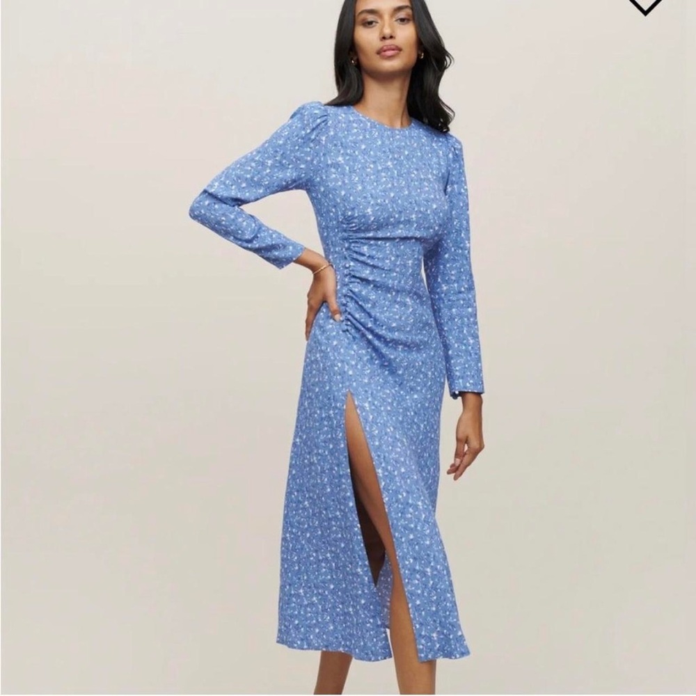 Reformation Freda Midi Dress Blue Floral Long Sleeve Ruched Size 6